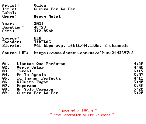 NFO for the release Odica-Guerra_Por_La_Paz-ES-16BIT-WEB-FLAC-2021-VEXED by VEXED