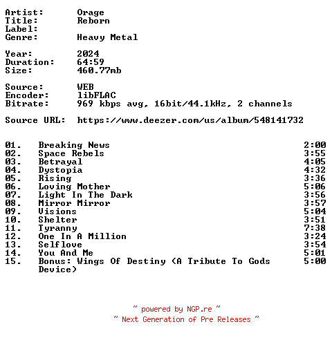 NFO for the release Orage-Reborn-16BIT-WEB-FLAC-2024-VEXED by VEXED