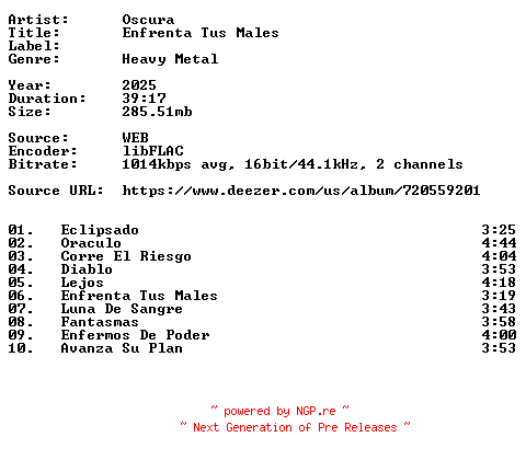 NFO for the release Oscura-Enfrenta_Tus_Males-ES-16BIT-WEB-FLAC-2025-VEXED by VEXED