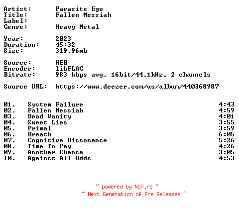 NFO for the release Parasite_Ego-Fallen_Messiah-16BIT-WEB-FLAC-2023-VEXED by VEXED