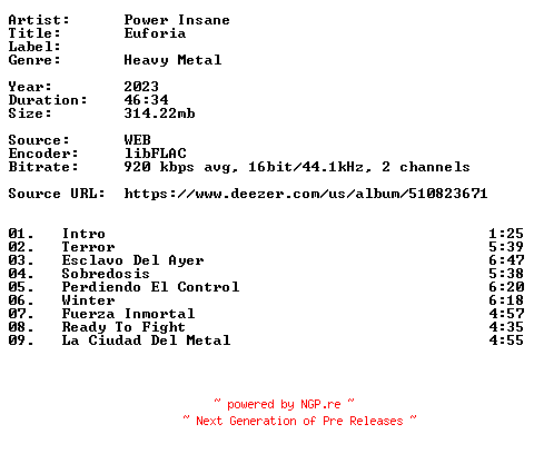 NFO for the release Power_Insane-Euforia-ES-16BIT-WEB-FLAC-2023-VEXED by VEXED