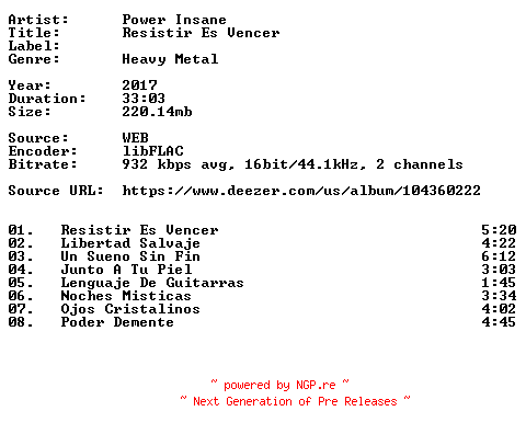 NFO for the release Power_Insane-Resistir_Es_Vencer-ES-16BIT-WEB-FLAC-2017-VEXED by VEXED