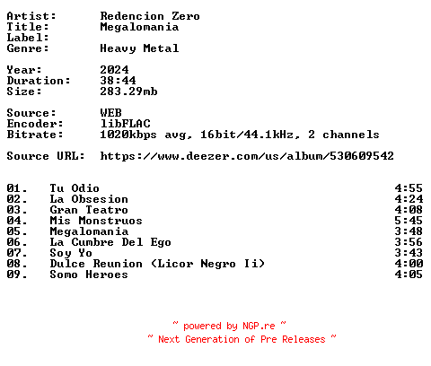 NFO for the release Redencion_Zero-Megalomania-ES-16BIT-WEB-FLAC-2024-VEXED by VEXED