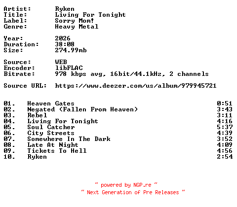 NFO for the release Ryken-Living_For_Tonight-16BIT-WEB-FLAC-2026-VEXED by VEXED