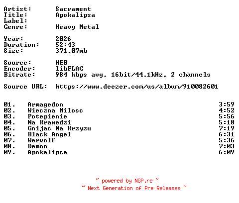 NFO for the release Sacrament-Apokalipsa-16BIT-WEB-FLAC-2026-VEXED by VEXED
