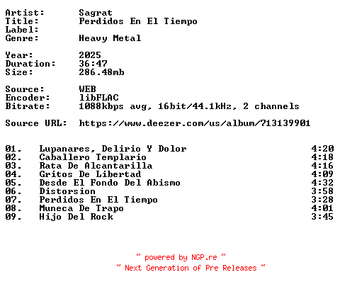 NFO for the release Sagrat-Perdidos_En_El_Tiempo-ES-16BIT-WEB-FLAC-2025-VEXED by VEXED