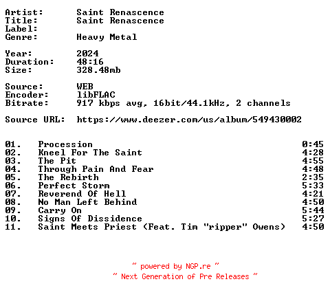 NFO for the release Saint_Renascence-Saint_Renascence-16BIT-WEB-FLAC-2024-VEXED by VEXED
