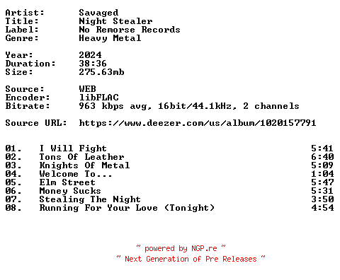 NFO for the release Savaged-Night_Stealer-16BIT-WEB-FLAC-2024-VEXED by VEXED