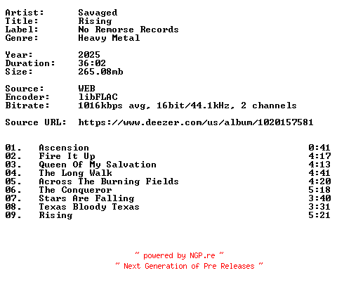 NFO for the release Savaged-Rising-16BIT-WEB-FLAC-2025-VEXED by VEXED