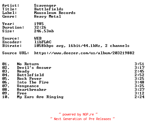 NFO for the release Scavenger-Battlefields-16BIT-WEB-FLAC-1985-VEXED by VEXED