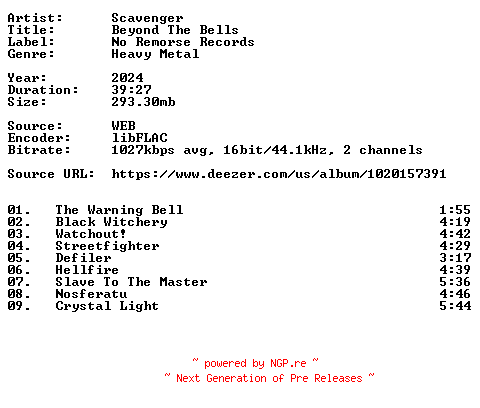 NFO for the release Scavenger-Beyond_The_Bells-16BIT-WEB-FLAC-2024-VEXED by VEXED