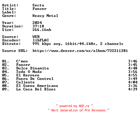 NFO for the release Secta-Panzer-ES-16BIT-WEB-FLAC-2024-VEXED by VEXED