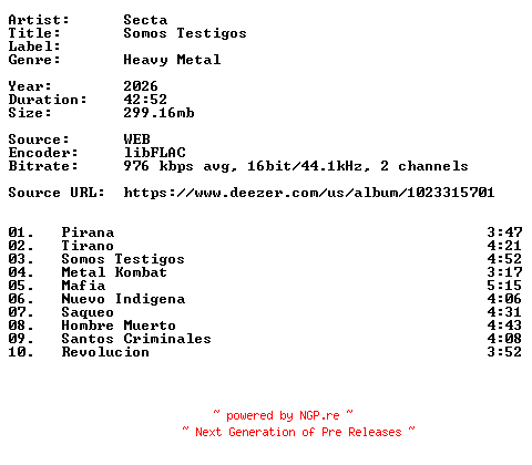 NFO for the release Secta-Somos_Testigos-ES-16BIT-WEB-FLAC-2026-VEXED by VEXED