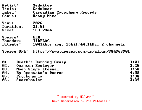NFO for the release Seduktor-Seduktor-16BIT-WEB-FLAC-2026-VEXED by VEXED