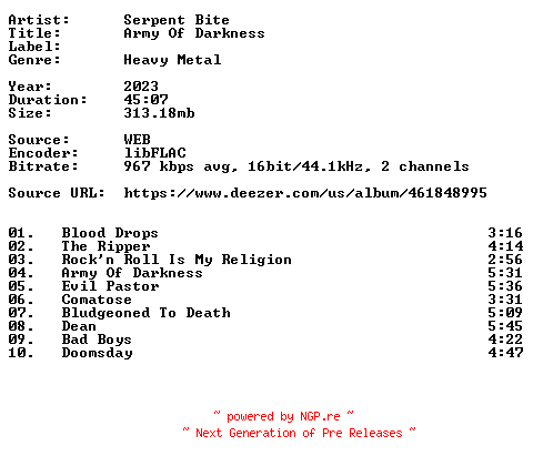 NFO for the release Serpent_Bite-Army_Of_Darkness-16BIT-WEB-FLAC-2023-VEXED by VEXED