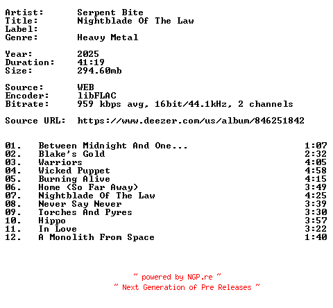 NFO for the release Serpent_Bite-Nightblade_Of_The_Law-16BIT-WEB-FLAC-2025-VEXED by VEXED
