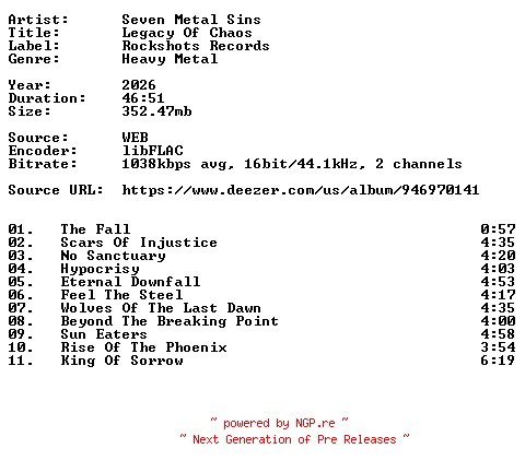NFO for the release Seven_Metal_Sins-Legacy_Of_Chaos-16BIT-WEB-FLAC-2026-VEXED by VEXED