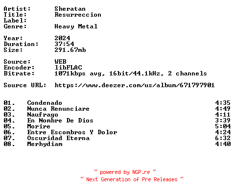 NFO for the release Sheratan-Resurreccion-ES-16BIT-WEB-FLAC-2024-VEXED by VEXED