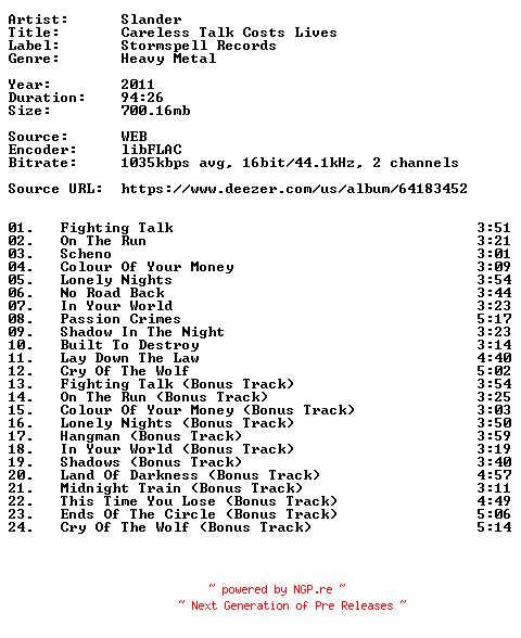 NFO for the release Slander-Careless_Talk_Costs_Lives-Reissue-16BIT-WEB-FLAC-2011-VEXED by VEXED