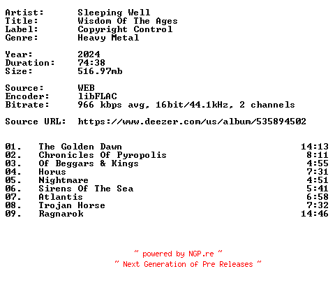 NFO for the release Sleeping_Well-Wisdom_Of_The_Ages-16BIT-WEB-FLAC-2024-VEXED by VEXED
