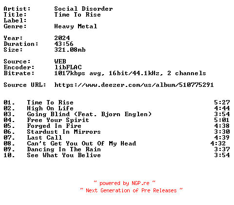 NFO for the release Social_Disorder-Time_To_Rise-16BIT-WEB-FLAC-2024-VEXED by VEXED