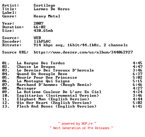 NFO for the release Sortilege-Larmes_De_Heros-FR-Reissue-16BIT-WEB-FLAC-2007-VEXED by VEXED