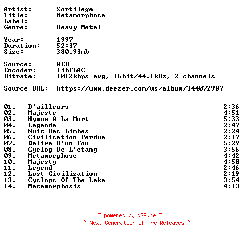 NFO for the release Sortilege-Metamorphose-FR-Reissue-16BIT-WEB-FLAC-1997-VEXED by VEXED