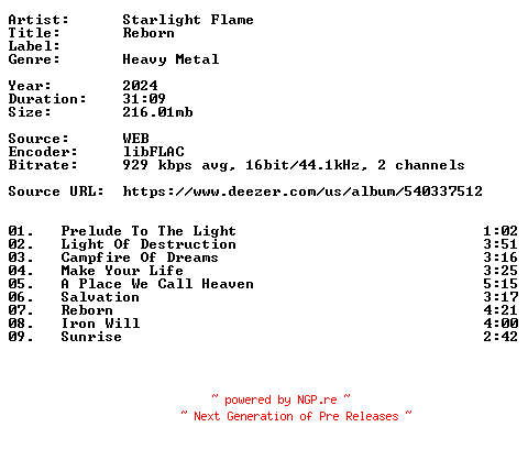 NFO for the release Starlight_Flame-Reborn-16BIT-WEB-FLAC-2024-VEXED by VEXED