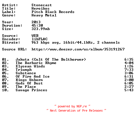 NFO for the release Stonecast-Heroikos-16BIT-WEB-FLAC-2013-VEXED by VEXED