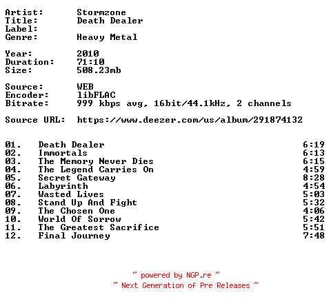 NFO for the release Stormzone-Death_Dealer-16BIT-WEB-FLAC-2010-VEXED by VEXED