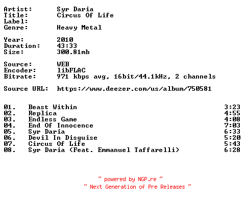 NFO for the release Syr_Daria-Circus_Of_Life-16BIT-WEB-FLAC-2010-VEXED by VEXED