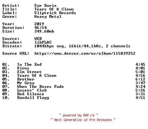 NFO for the release Syr_Daria-Tears_Of_A_Clown-16BIT-WEB-FLAC-2019-VEXED by VEXED