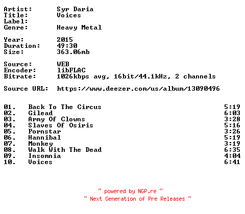 NFO for the release Syr_Daria-Voices-16BIT-WEB-FLAC-2015-VEXED by VEXED