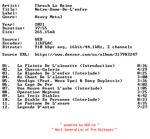 NFO for the release Thrash_La_Reine-Notre-Dame-De-Lenfer-FR-16BIT-WEB-FLAC-2021-VEXED by VEXED