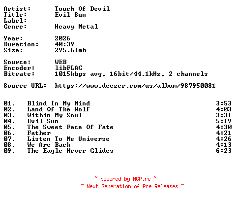 NFO for the release Touch_Of_Devil-Evil_Sun-16BIT-WEB-FLAC-2026-VEXED by VEXED