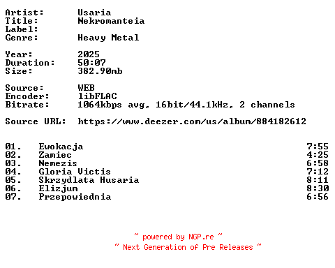 NFO for the release Usaria-Nekromanteia-PL-16BIT-WEB-FLAC-2025-VEXED by VEXED