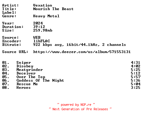 NFO for the release Vexation-Nourish_The_Beast-16BIT-WEB-FLAC-2024-VEXED by VEXED