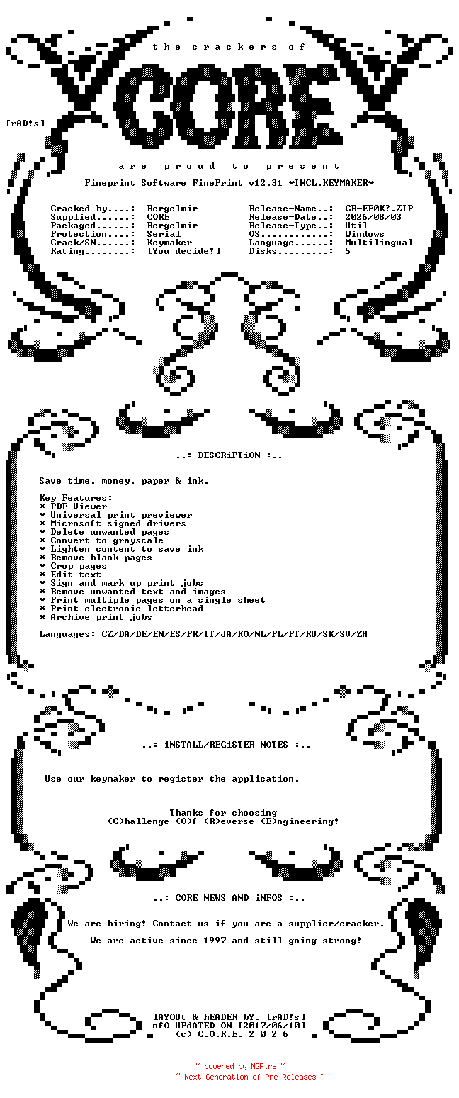 NFO for the release Fineprint.Software.FinePrint.v12.31.Multilingual.Incl.Keymaker-CORE by CORE