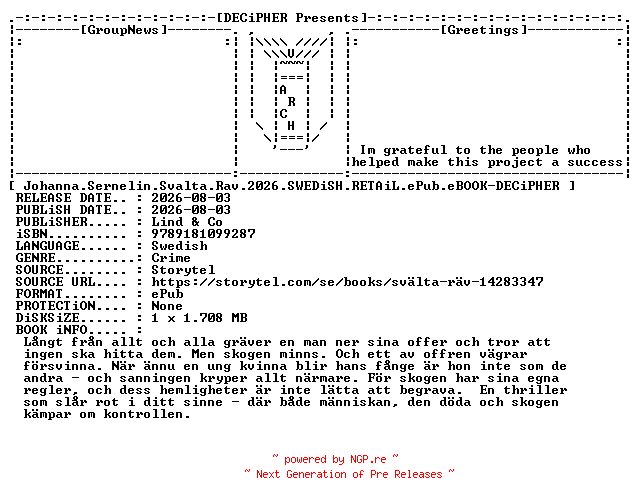 NFO for the release Johanna.Sernelin.Svalta.Rav.2026.SWEDiSH.RETAiL.ePub.eBOOK-DECiPHER by DECiPHER
