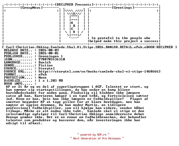 NFO for the release Carl.Christian.Okking.Samlede.Skal.Vi.Stige.2026.DANiSH.RETAiL.ePub.eBOOK-DECiPHER by DECiPHER