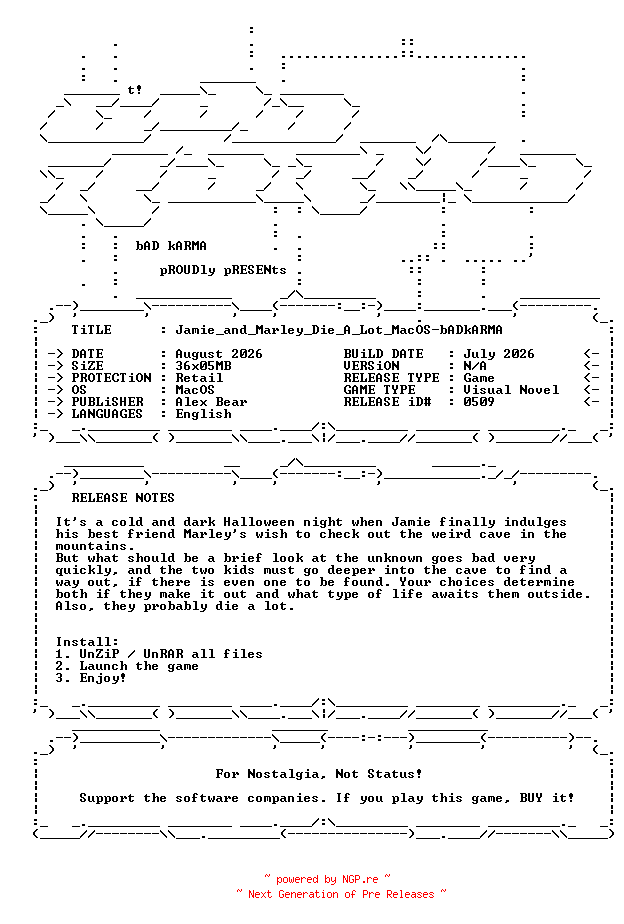 NFO for the release Jamie_and_Marley_Die_A_Lot_MacOS-bADkARMA by bADkARMA
