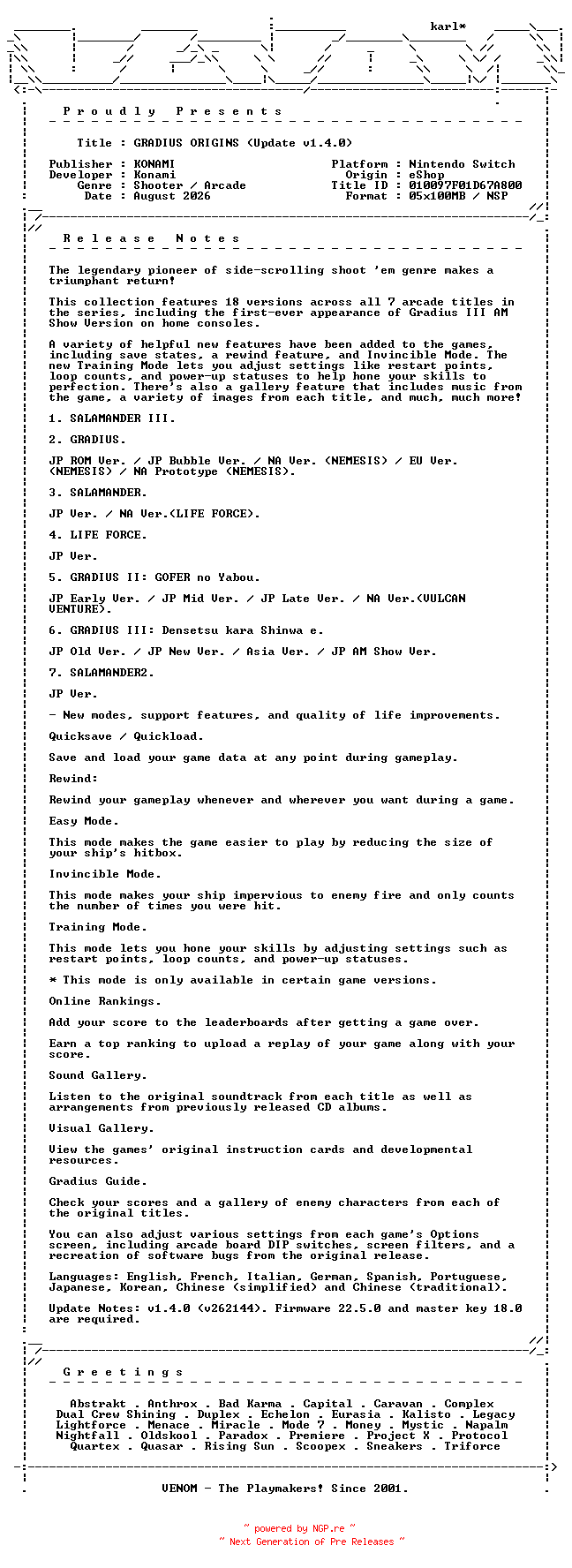 NFO for the release GRADIUS_ORIGINS_Update_v1.4.0_NSW-VENOM by VENOM