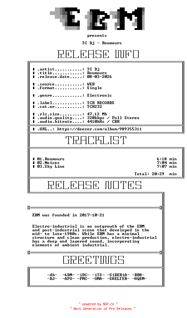 NFO for the release TC_Dj-Roumours-(TCR232)-WEB-2026-EBM by EBM