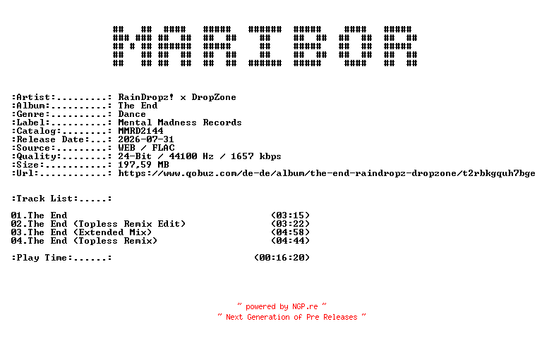 NFO for the release RainDropz_x_DropZone-The_End-(MMRD2144)-24BIT-WEB-FLAC-2026-MARiBOR by MARiBOR