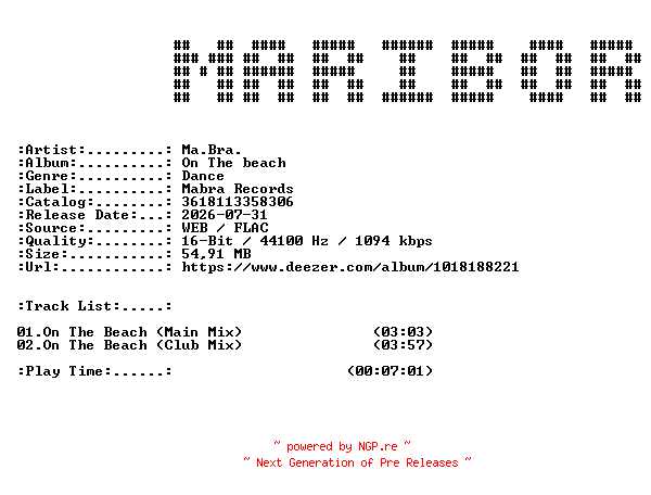 NFO for the release Ma.Bra.-On_The_Beach-16BIT-WEB-FLAC-2026-MARiBOR by MARiBOR