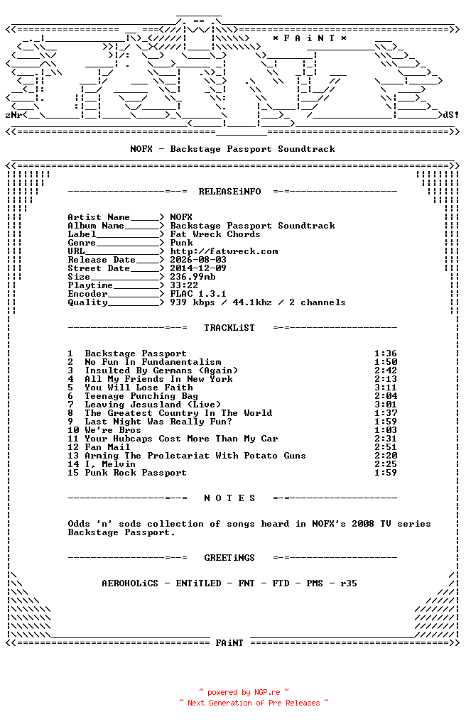 NFO for the release NOFX-Backstage_Passport_Soundtrack-CD-FLAC-2014-FAiNT by FAiNT