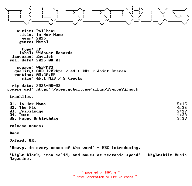 NFO for the release Pallbear-In_Her_Name-EP-WEB-2026-BLEEDiNG by BLEEDiNG