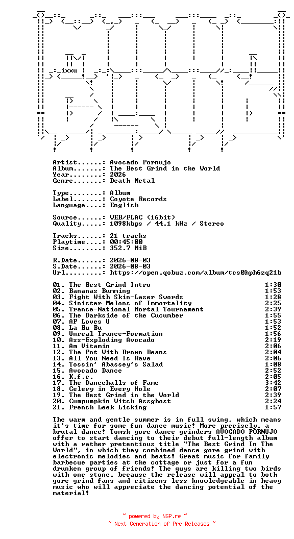 NFO for the release Avocado_Pornujo-The_Best_Grind_in_the_World-16BIT-WEB-FLAC-2026-MOONBLOOD by MOONBLOOD