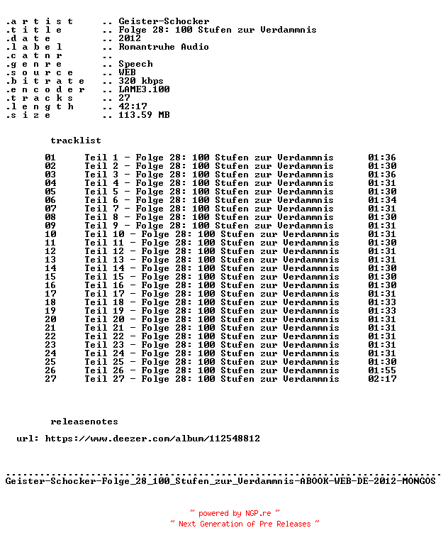 NFO for the release Geister-Schocker-Folge_028_100_Stufen_zur_Verdammnis-ABOOK-WEB-DE-2012-MONGOS by MONGOS