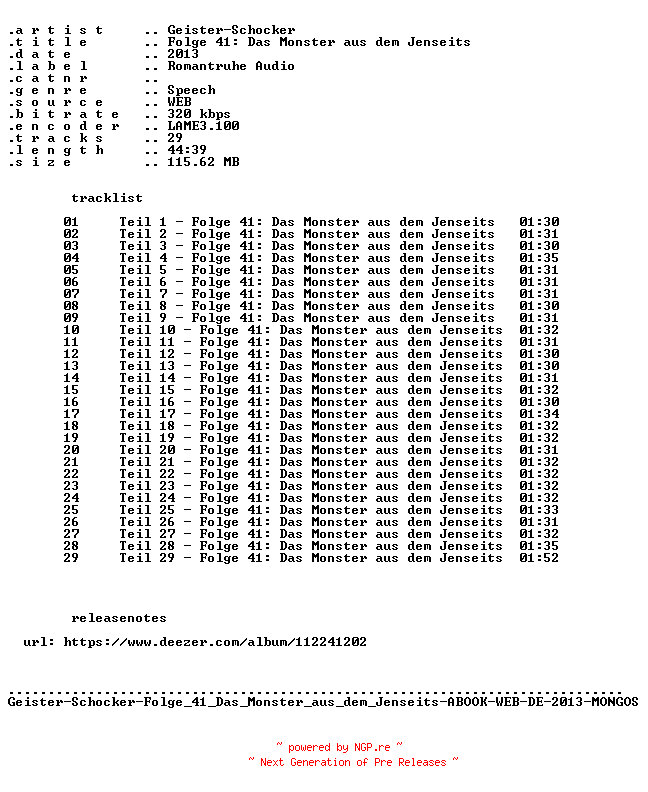 NFO for the release Geister-Schocker-Folge_041_Das_Monster_aus_dem_Jenseits-ABOOK-WEB-DE-2013-MONGOS by MONGOS